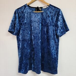 Beach Lunch Lounge Blue Crushed Velvet Top Blouse Size S Short Sleeve Ribbon Tie